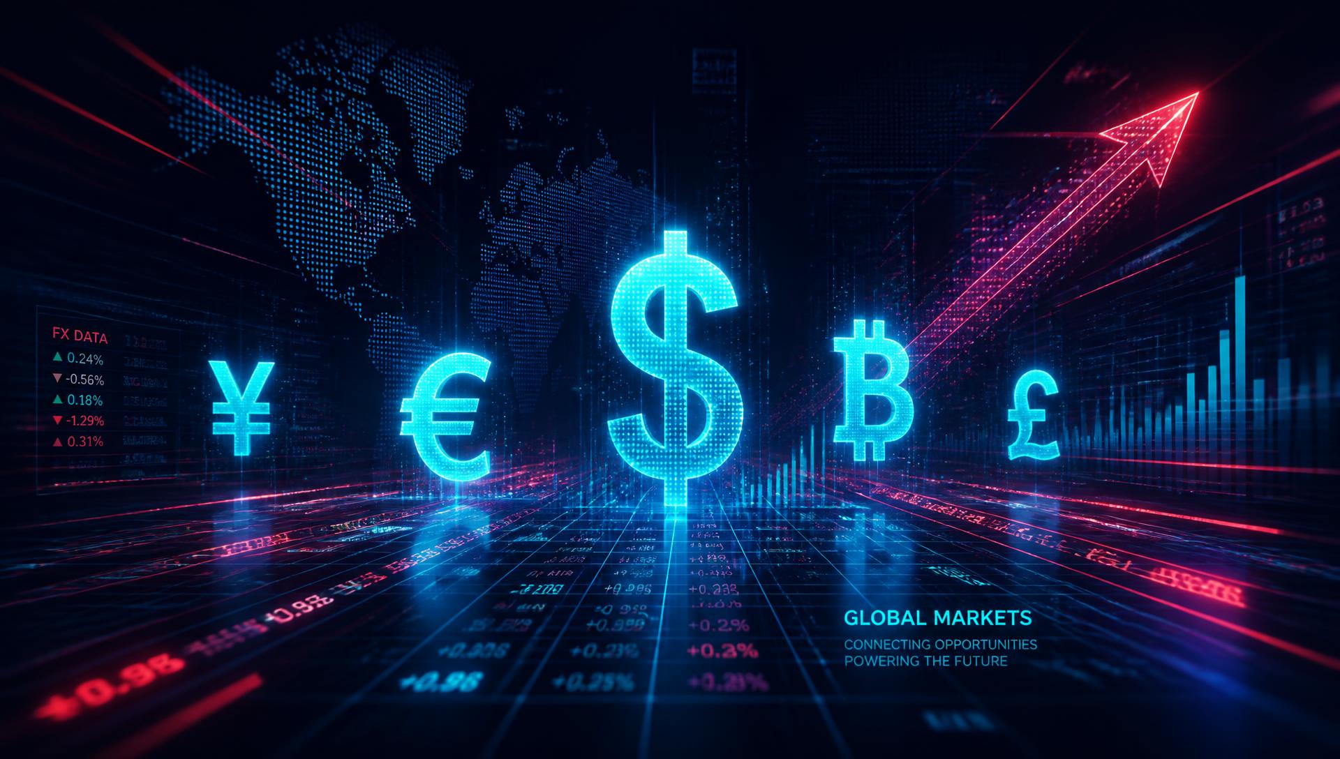 Glowing currency symbols over a digital global market grid